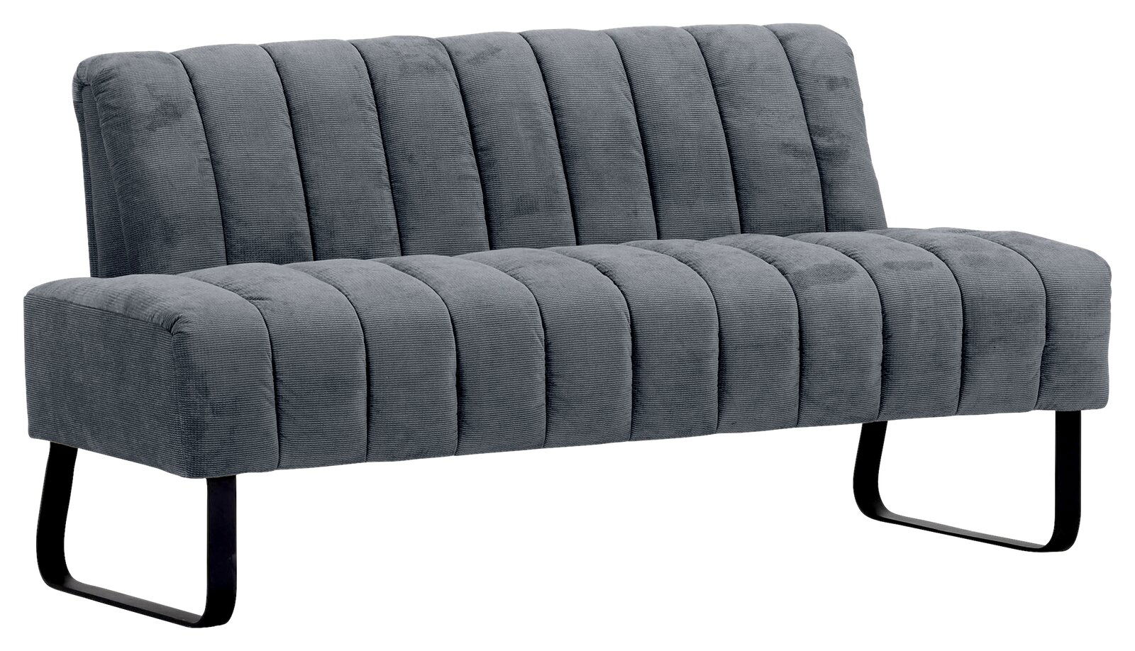 Novel 2,5er-Sitzbank LAILA Graue 2,5er-Sitzbank mit vertikaler Steppung und schwarzen Metallbeinen, seitliche Perspektive