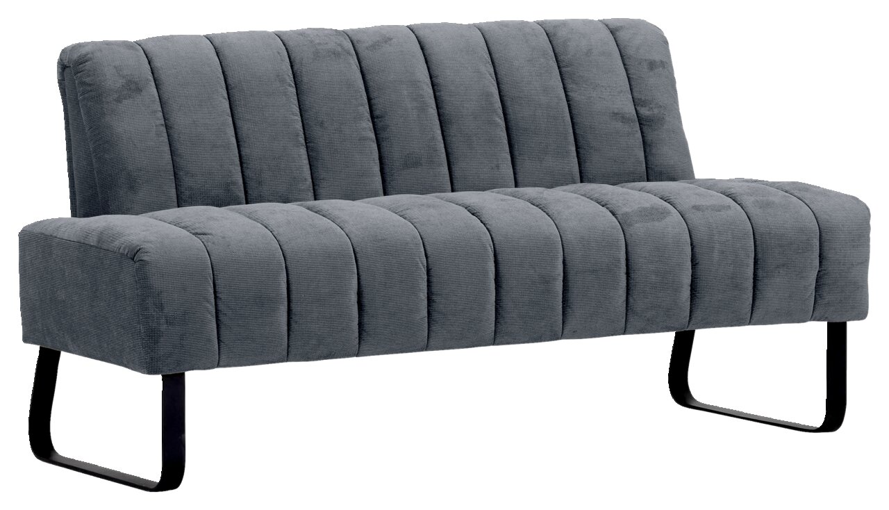 Graue 2,5er-Sitzbank mit vertikaler Steppung und schwarzen Metallbeinen, seitliche Perspektive