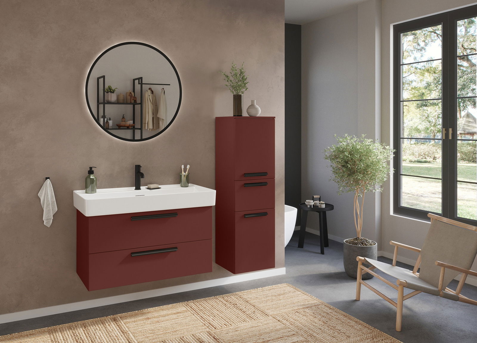 Moderner Midischrank in einem stilvollen Badezimmer, seitliche Perspektive