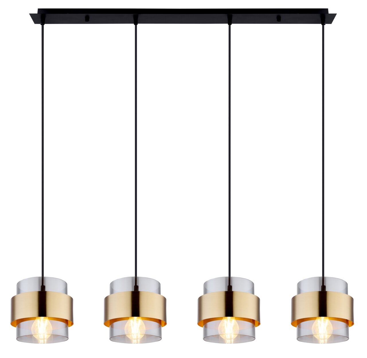 Moderne Hängeleuchte mit vier goldenen Lampenschirmen, von vorne betrachtet.
