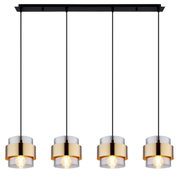 Moderne Hängeleuchte mit vier goldenen Lampenschirmen, von vorne betrachtet.
