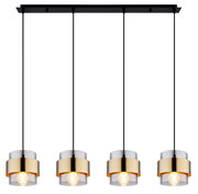 Moderne Hängeleuchte mit vier goldenen Lampenschirmen, von vorne betrachtet.