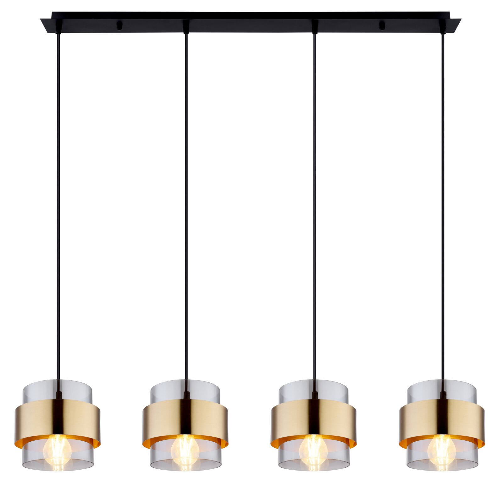 Moderne Hängeleuchte mit vier goldenen Lampenschirmen, von vorne betrachtet.