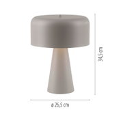Graue Tischlampe mit zylindrischem Schirm und konischem Fuß, Höhe 34,5 cm und Durchmesser 26,5 cm, freigestellt in Frontansicht