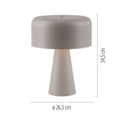 Graue Tischlampe mit zylindrischem Schirm und konischem Fuß, Höhe 34,5 cm und Durchmesser 26,5 cm, freigestellt in Frontansicht