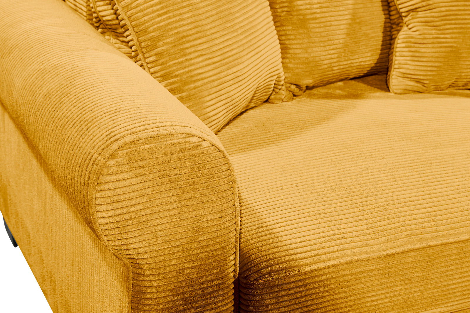 Nahaufnahme eines gelben Funktionssofas mit geripptem Stoffbezug, Blick auf die Armlehne und Sitzfläche.