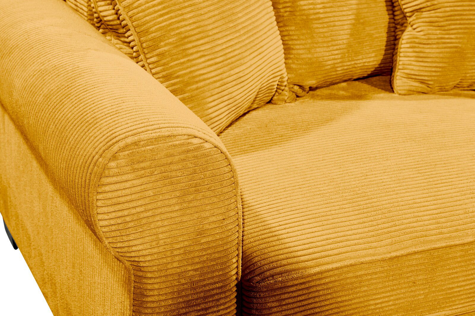 Nahaufnahme eines gelben Funktionssofas mit geripptem Stoffbezug, Blick auf die Armlehne und Sitzfläche.