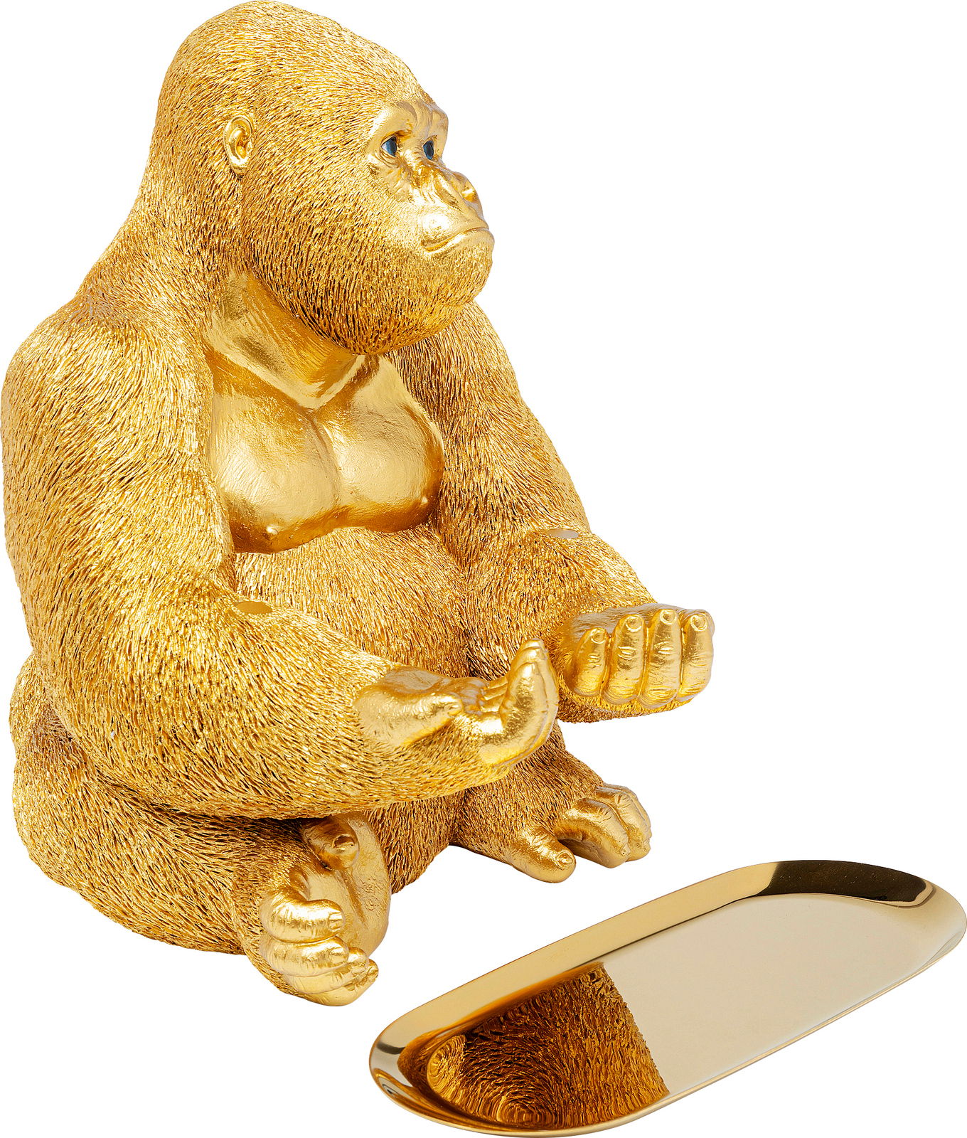 Goldene Gorilla-Deko-Figur in Butler-Pose mit Tablett, seitliche Perspektive