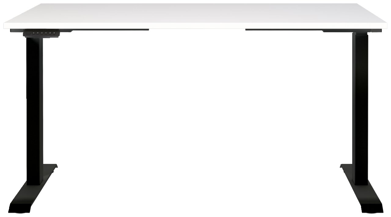 Elektrisch höhenverstellbarer Schreibtisch mit weißer Tischplatte und schwarzen Beinen, Frontalansicht