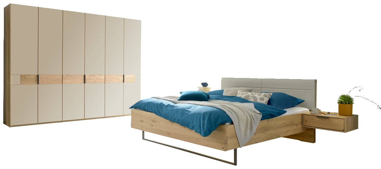 Slaapkamerset met een modern bed en een grote kledingkast, zijaanzicht