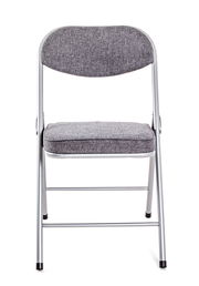 Grauer Klappstuhl mit gepolstertem Sitz und Rückenlehne, Vorderansicht