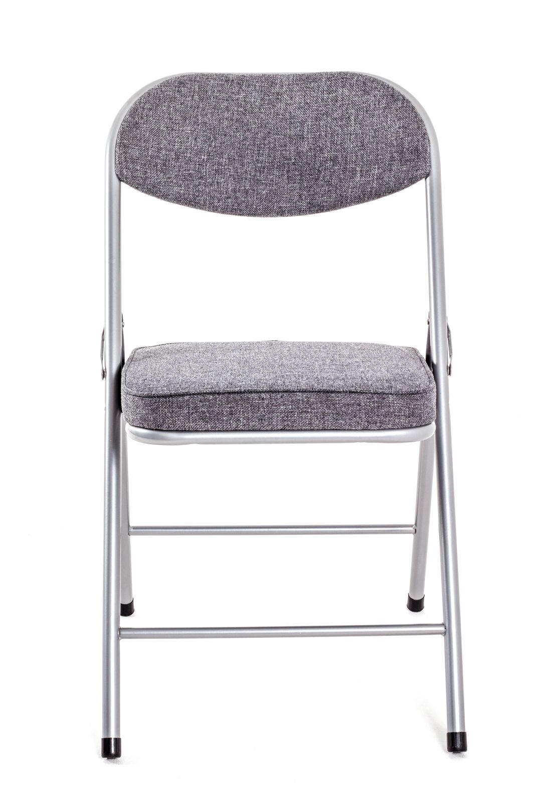 Grauer Klappstuhl mit gepolstertem Sitz und Rückenlehne, Vorderansicht