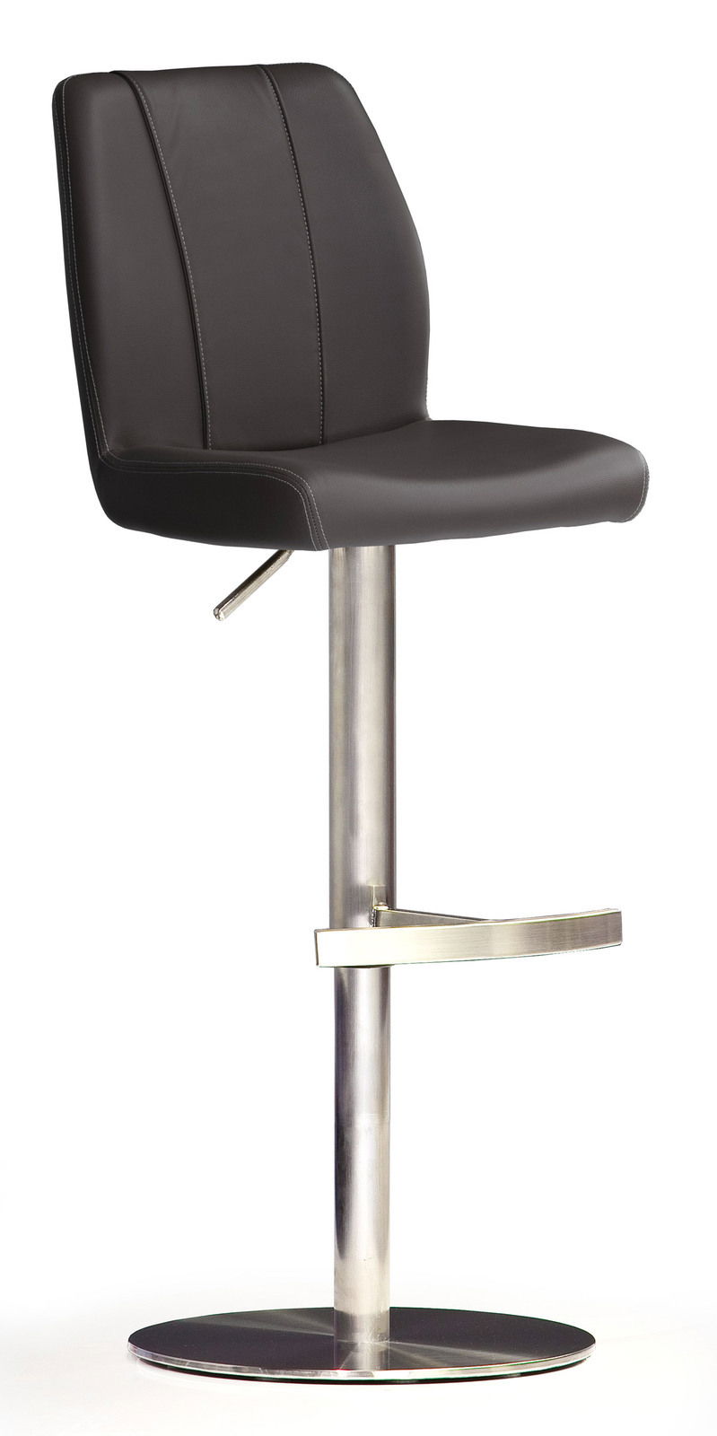 Moderner Barhocker mit schwarzem Kunstledersitz und verstellbarer Metallbasis, seitliche Perspektive