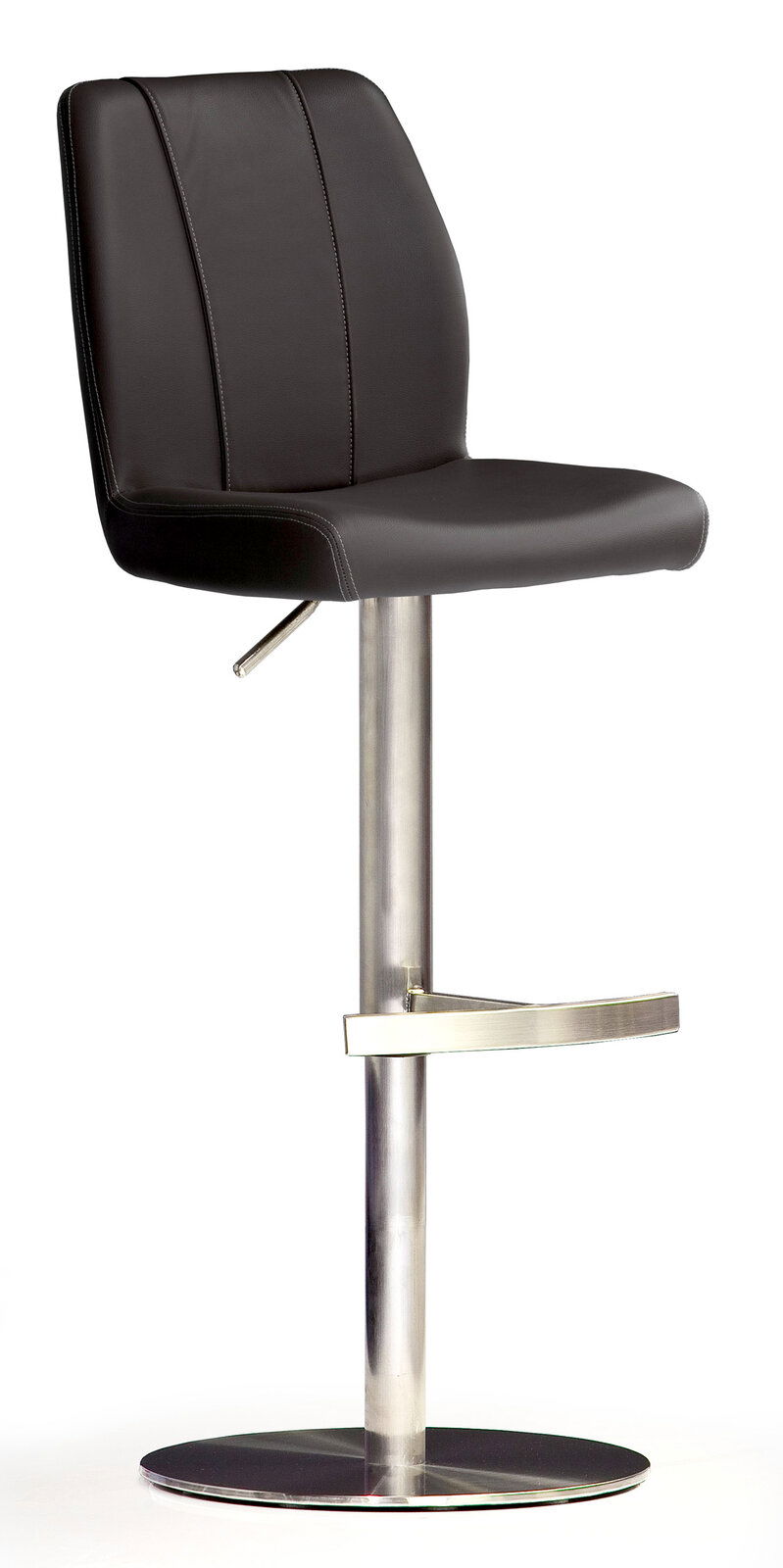 Moderner Barhocker mit schwarzem Kunstledersitz und verstellbarer Metallbasis, seitliche Perspektive