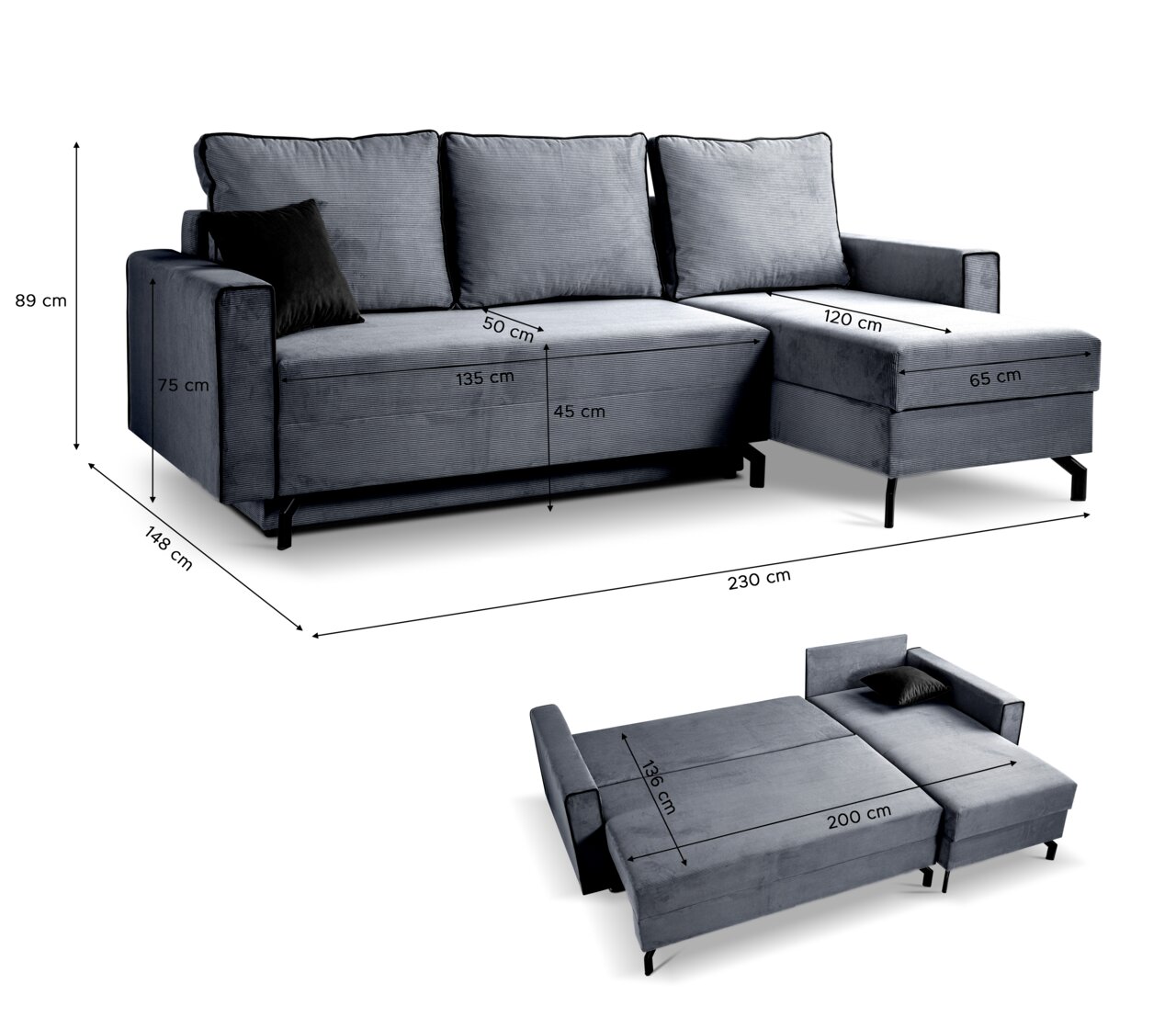 Schlafsofa in L-Form mit rechter Ausrichtung, grauer Stoff, Maße: 230 cm Breite, 148 cm Tiefe, 89 cm Höhe, Perspektive von vorne und oben.