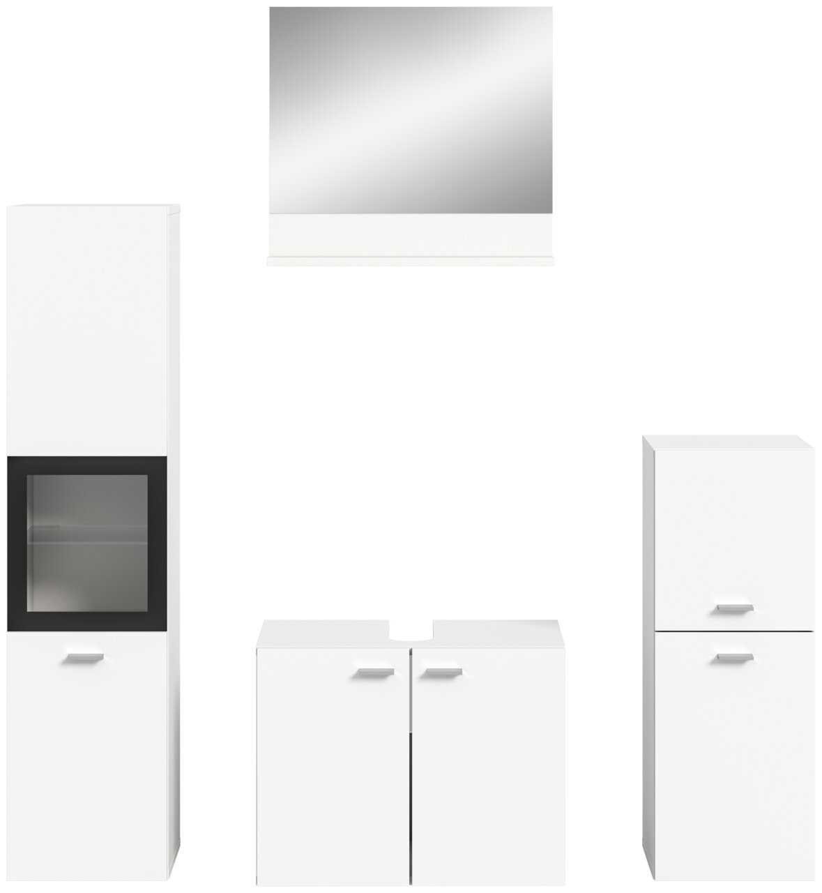 Badezimmermöbel-Set bestehend aus einem großen Spiegel, einem hohen Schrank mit Glastür, einem Waschbeckenunterschrank und einem weiteren Schrank, frontal betrachtet.
