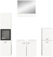 Badezimmermöbel-Set bestehend aus einem großen Spiegel, einem hohen Schrank mit Glastür, einem Waschbeckenunterschrank und einem weiteren Schrank, frontal betrachtet.