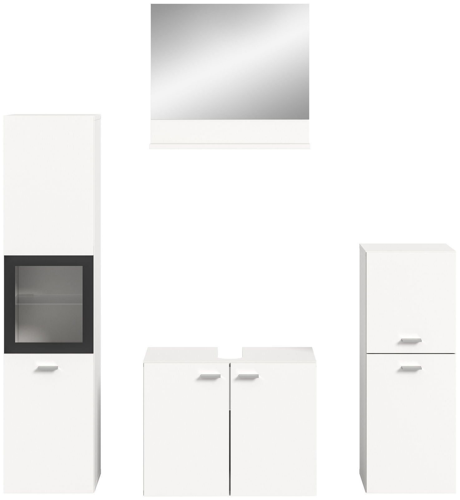 Badezimmermöbel-Set bestehend aus einem großen Spiegel, einem hohen Schrank mit Glastür, einem Waschbeckenunterschrank und einem weiteren Schrank, frontal betrachtet.