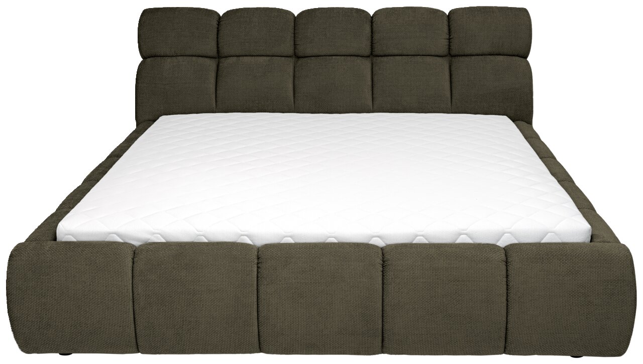 Vooraanzicht van een gestoffeerd bed met een gestoffeerd hoofdeinde en een wit matras.