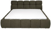 Vooraanzicht van een gestoffeerd bed met een gestoffeerd hoofdeinde en een wit matras.