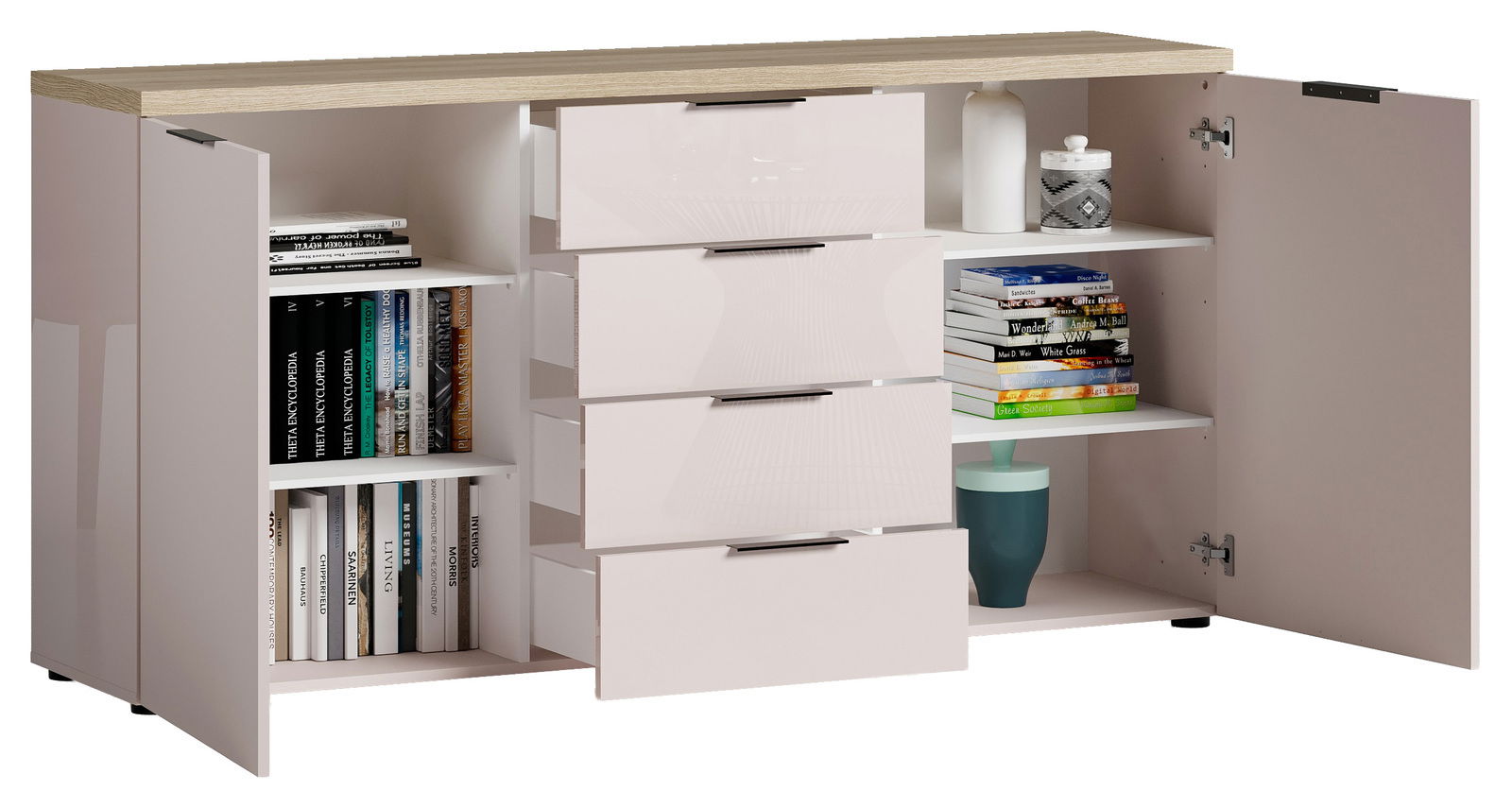 Sideboard mit geöffneter Frontansicht, zeigt mehrere Schubladen und Regalfächer mit Büchern und Dekorationen.