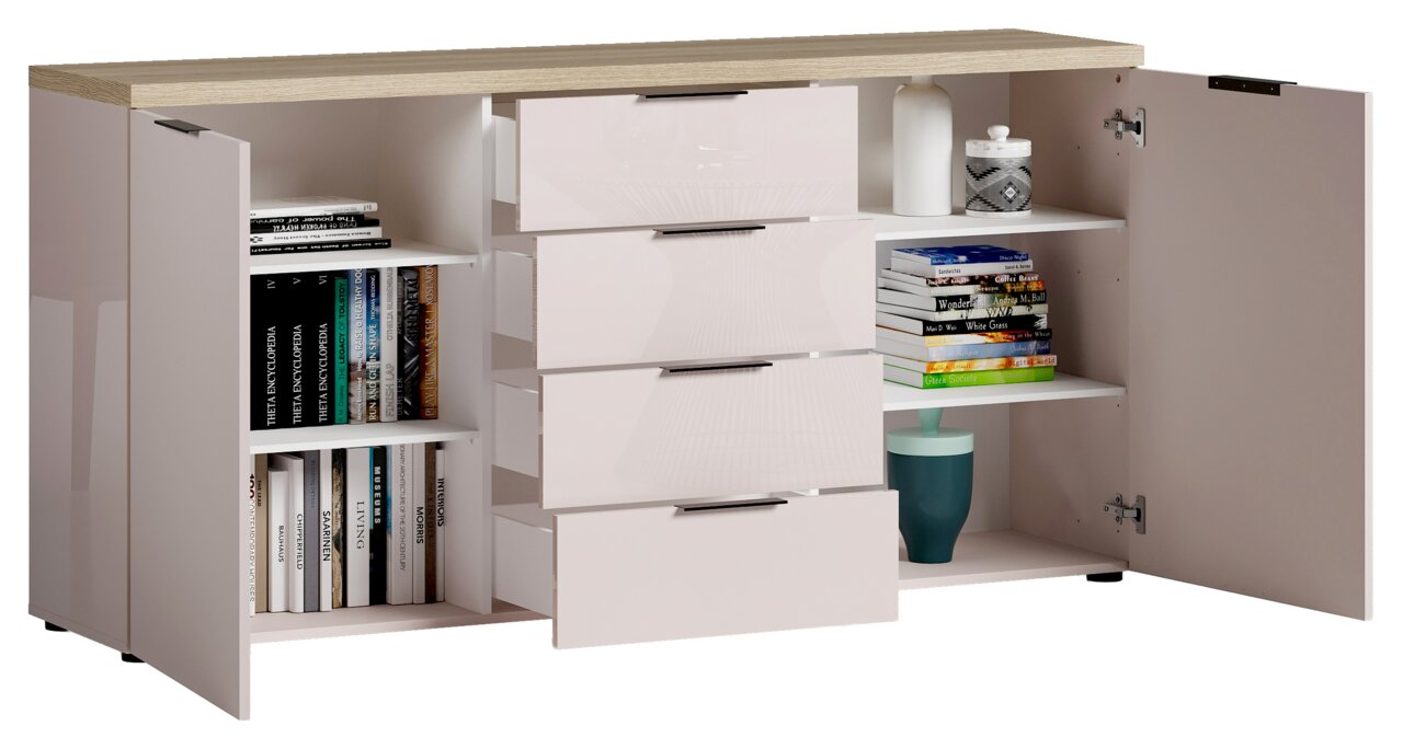 Sideboard mit geöffneter Frontansicht, zeigt mehrere Schubladen und Regalfächer mit Büchern und Dekorationen.