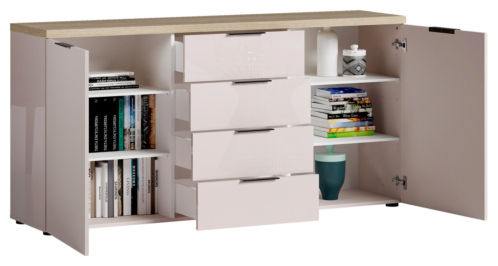Sideboard mit geöffneter Frontansicht, zeigt mehrere Schubladen und Regalfächer mit Büchern und Dekorationen.