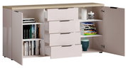 Sideboard mit geöffneter Frontansicht, zeigt mehrere Schubladen und Regalfächer mit Büchern und Dekorationen.