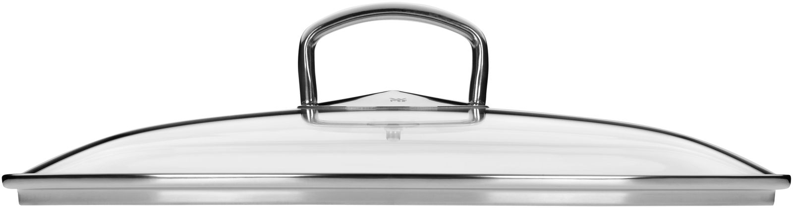 Deckel eines ovalen Bräters aus Edelstahl und Glas, seitliche Perspektive
