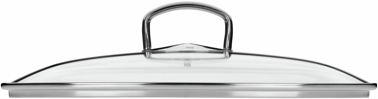 Deckel eines ovalen Bräters aus Edelstahl und Glas, seitliche Perspektive