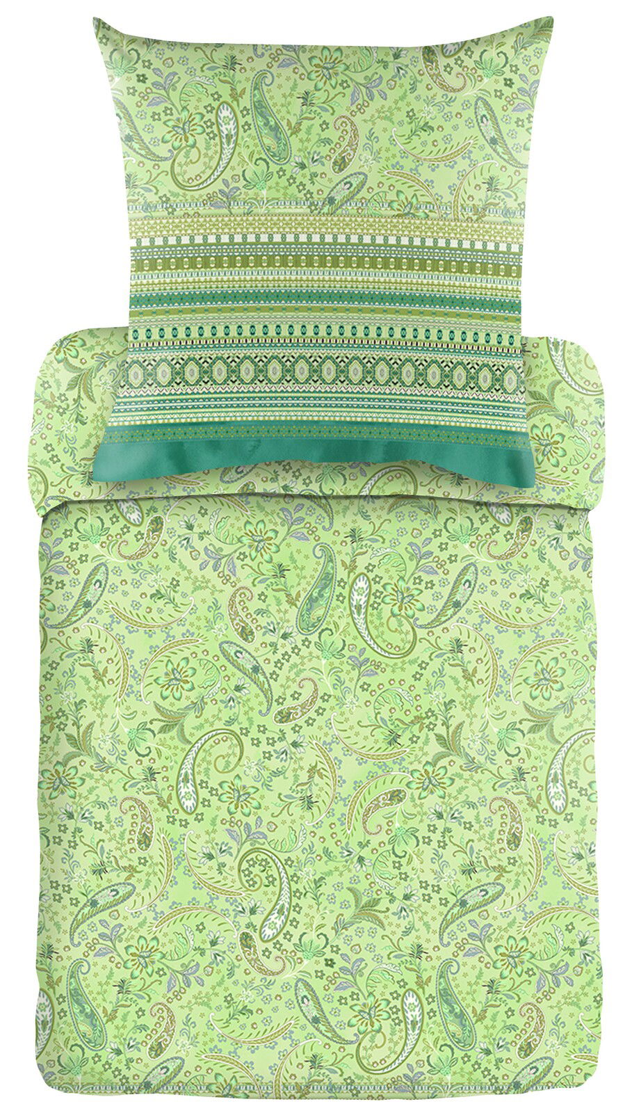 Grüne Bettwäsche mit Paisley-Muster und floralen Elementen, Draufsicht