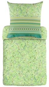 Grüne Bettwäsche mit Paisley-Muster und floralen Elementen, Draufsicht