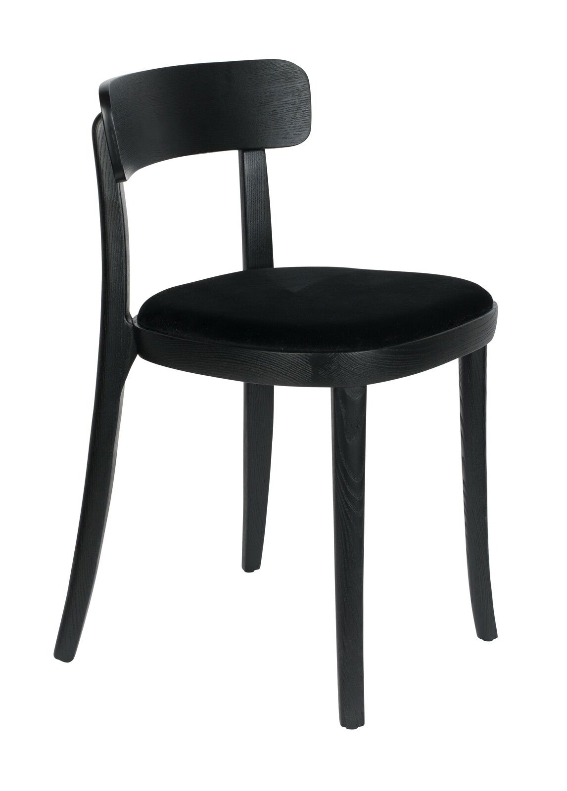 Schwarzer Holzstuhl mit gebogener Rückenlehne, seitliche Perspektive