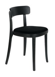 Schwarzer Holzstuhl mit gebogener Rückenlehne, seitliche Perspektive