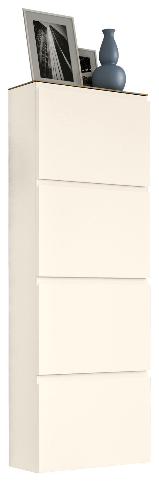 Moderano Hangende schoenenkast LECCO Hängeschuhschrank 4K-T33 in seitlicher Perspektive mit vier Fächern, dekoriert mit einem blauen Krug und gerahmten Fotos auf der Oberseite.
