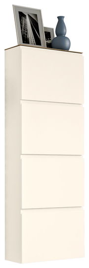 Hängeschuhschrank 4K-T33 in seitlicher Perspektive mit vier Fächern, dekoriert mit einem blauen Krug und gerahmten Fotos auf der Oberseite.