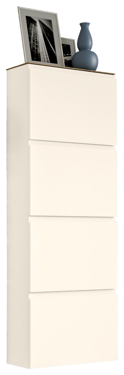 Moderano Hängeschuhschrank LECCO Hängeschuhschrank 4K-T33 in seitlicher Perspektive mit vier Fächern, dekoriert mit einem blauen Krug und gerahmten Fotos auf der Oberseite.