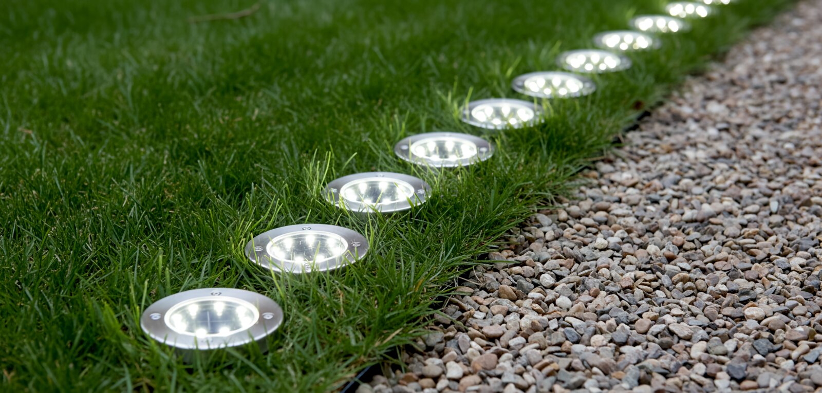 Eingelassene runde LED-Bodenleuchten entlang einer Rasenkante neben einem Kiesweg, perspektivische Aufnahme in Bodennähe mit Blick entlang der Leuchtenreihe