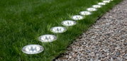 Eingelassene runde LED-Bodenleuchten entlang einer Rasenkante neben einem Kiesweg, perspektivische Aufnahme in Bodennähe mit Blick entlang der Leuchtenreihe