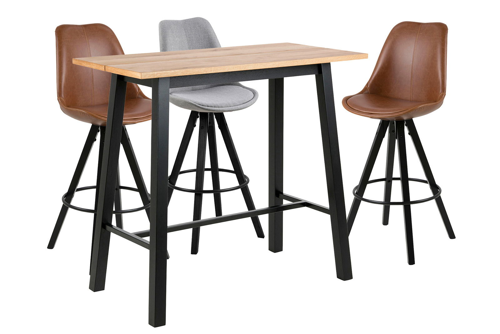 Moderner Bartisch mit zwei Barhockern, einer in Braun und einer in Grau, aus seitlicher Perspektive.