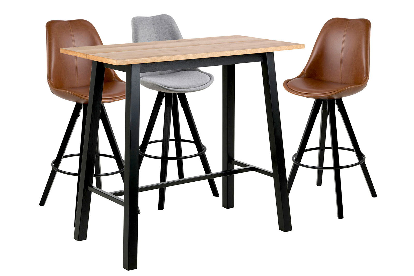 Moderner Bartisch mit zwei Barhockern, einer in Braun und einer in Grau, aus seitlicher Perspektive.