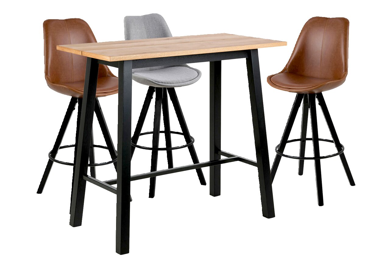 Moderner Bartisch mit zwei Barhockern, einer in Braun und einer in Grau, aus seitlicher Perspektive.