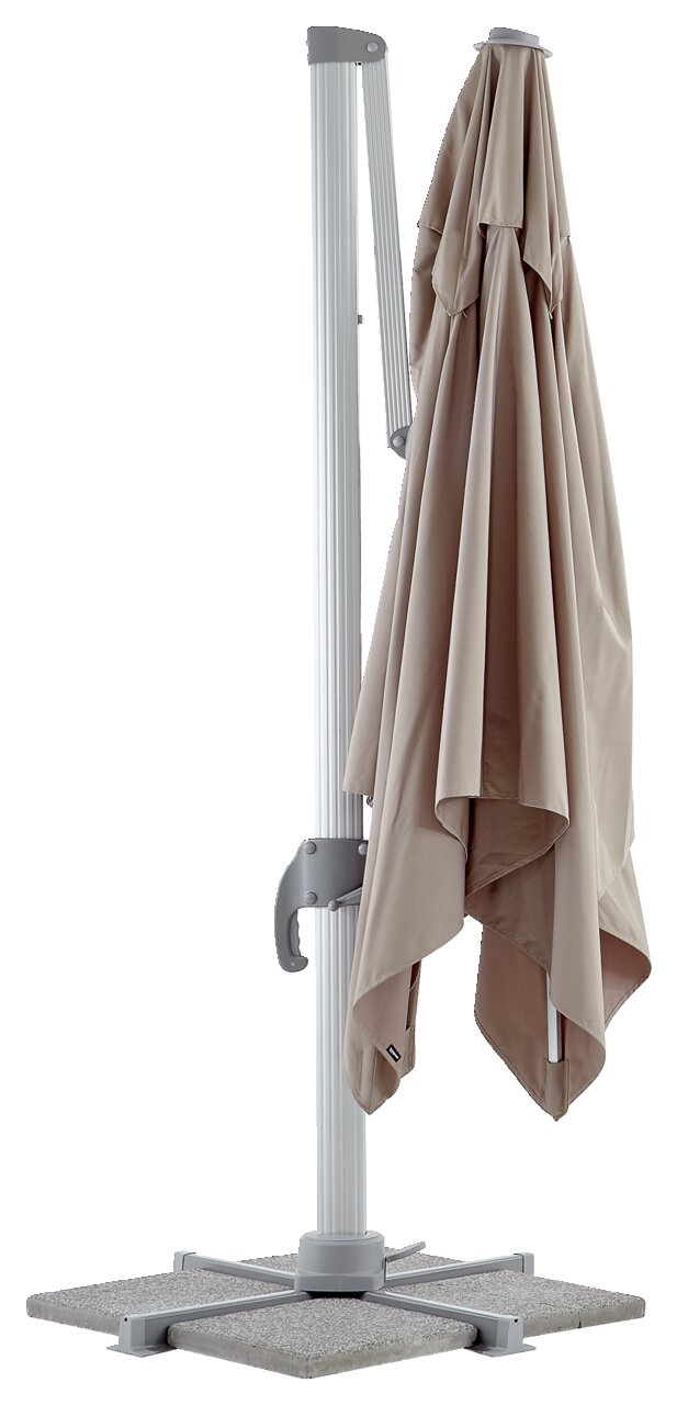Een gesloten parasol met verkeerslichtmotief, gezien vanuit de zijkant, met een stevige voet en een beige doek.