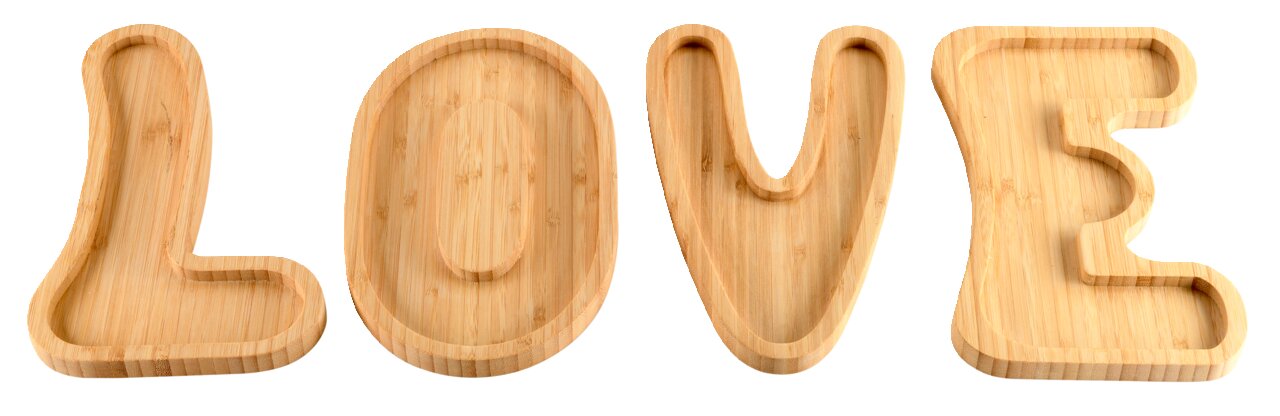Kesper Serveerplanken Bamboe serveerplankjes in de vorm van de letters L, O, V en E, gezien vanuit vogelperspectief.