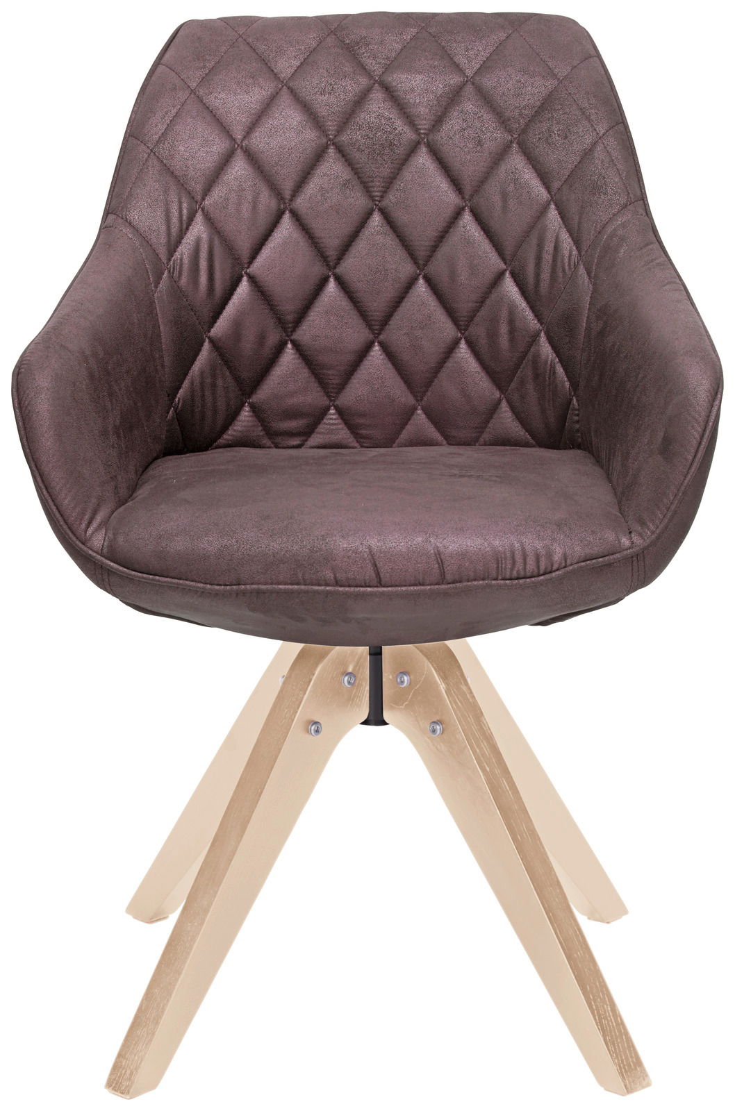 Moderner Stuhl mit gepolsterter, rautenförmiger Rückenlehne und hellen Holzbeinen, Frontalansicht