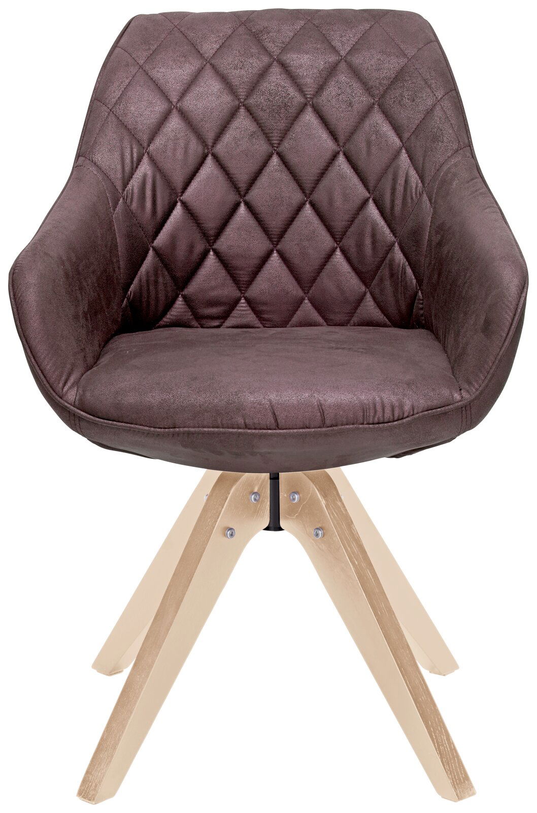 Moderner Stuhl mit gepolsterter, rautenförmiger Rückenlehne und hellen Holzbeinen, Frontalansicht