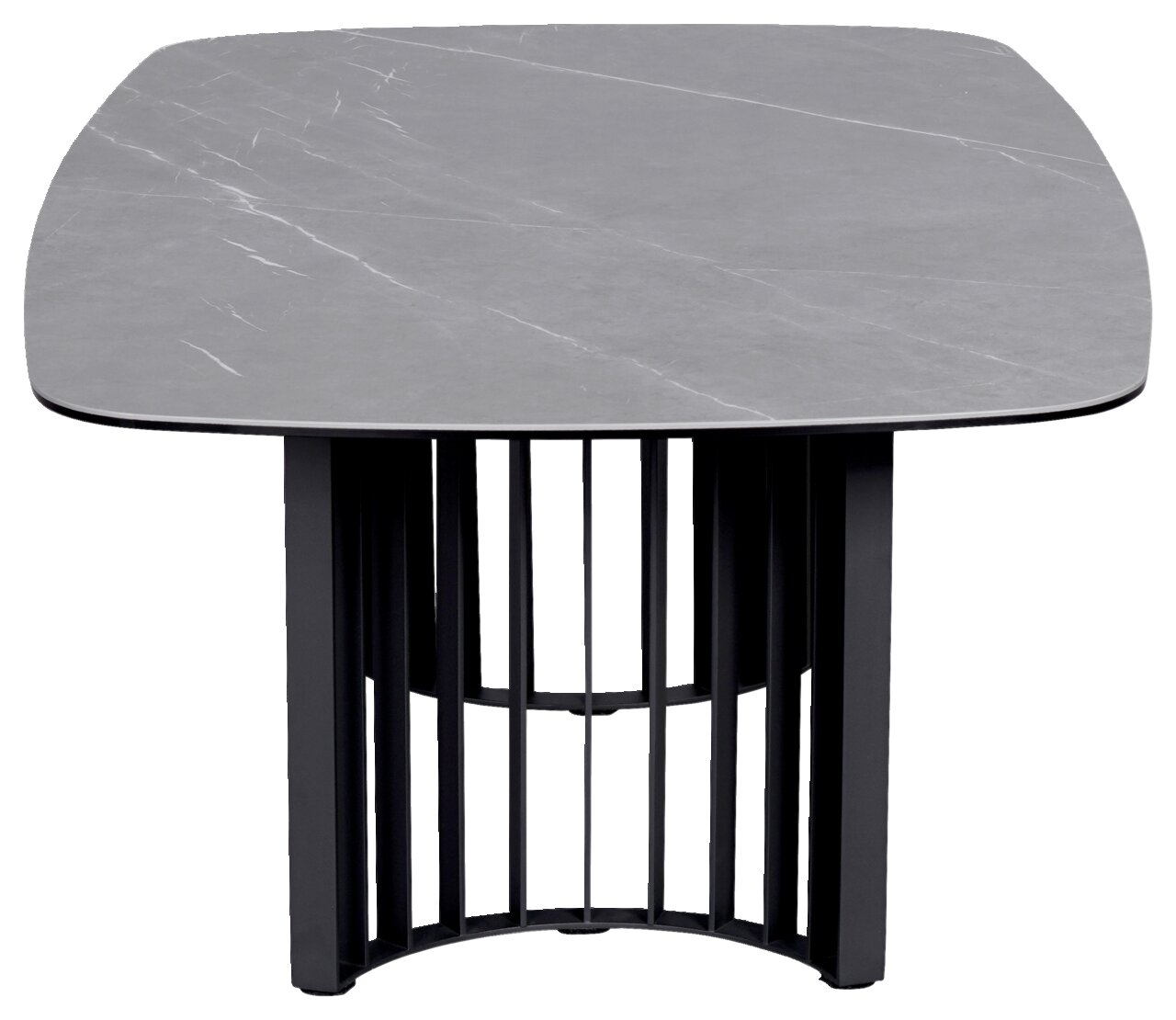 Moderner Couchtisch mit grauer Tischplatte und schwarzem Gittergestell, Frontalansicht.