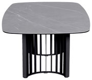 Moderner Couchtisch mit grauer Tischplatte und schwarzem Gittergestell, Frontalansicht.