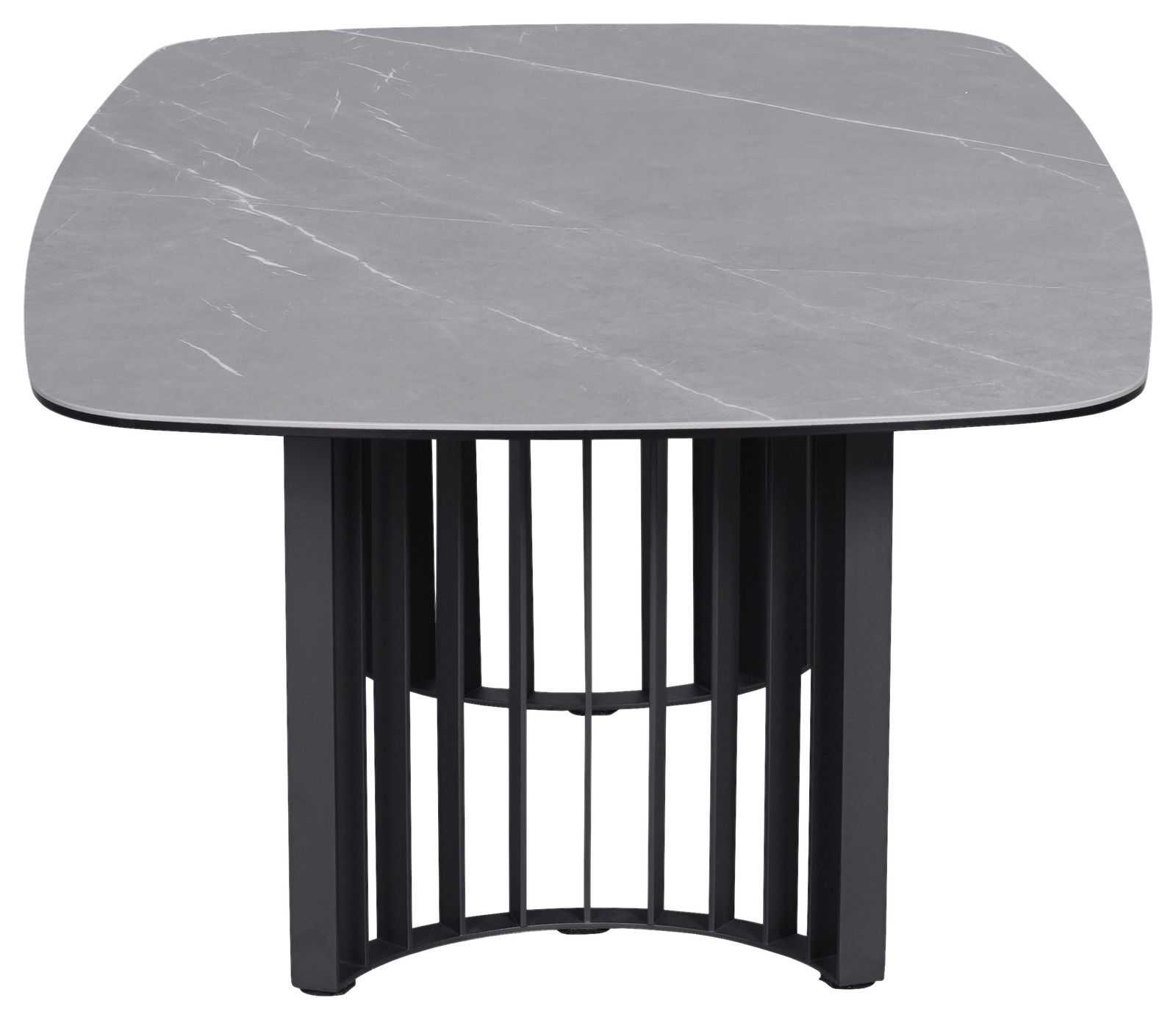 Moderner Couchtisch mit grauer Tischplatte und schwarzem Gittergestell, Frontalansicht.