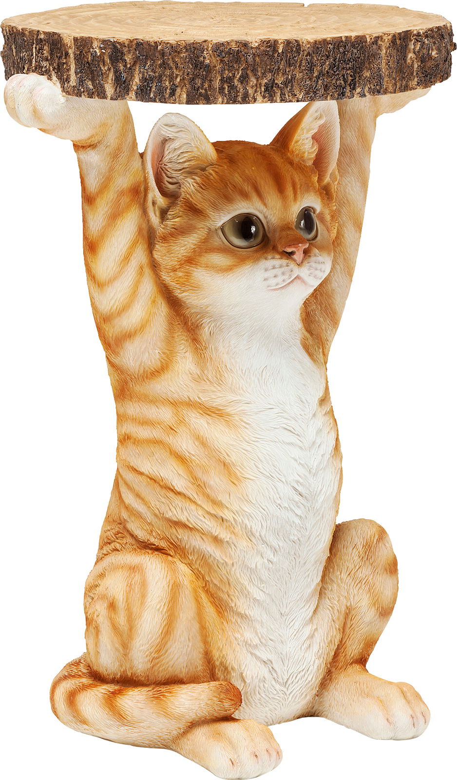 Karé Beistelltisch MS. CAT Beistelltisch in Form einer sitzenden Katze, die eine runde Holzplatte über dem Kopf hält, Frontalansicht.